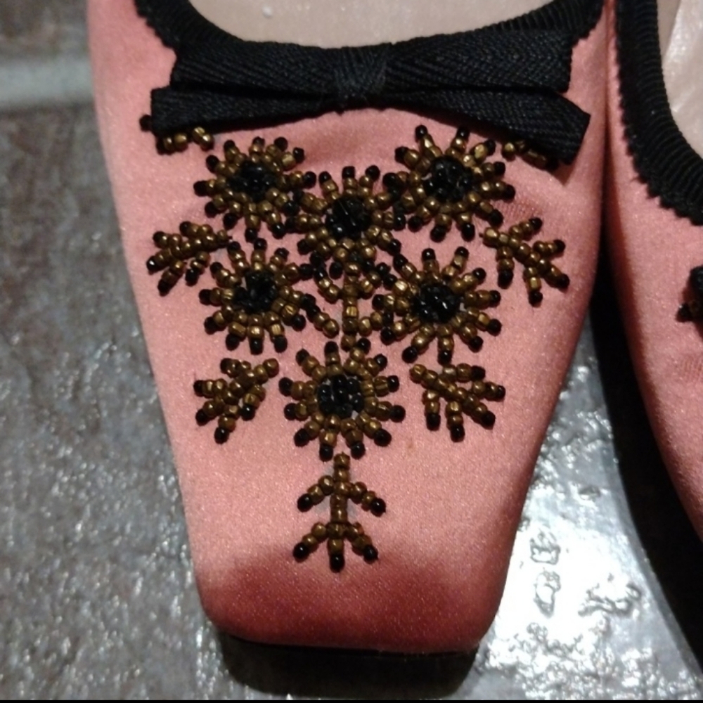 PRADA Ballerina RoseSilk Leather Bows Beads Sequins Square Toe kitten heel 37 - Picture 8 of 9